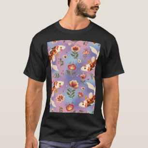 Koi Carp Seamless Pattern in Folk Art Style – Sc T-Shirt