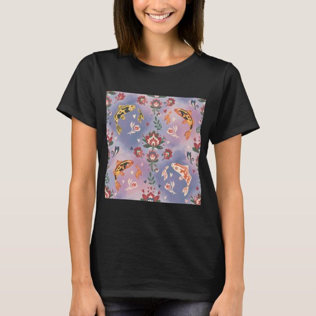 Koi Carp Seamless Pattern in Folk Art Style â€“ Sc T-Shirt (Front)