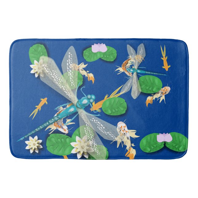 Koi Carp, Water Lily and Blue Dragonflies  Bath Mat (Front)