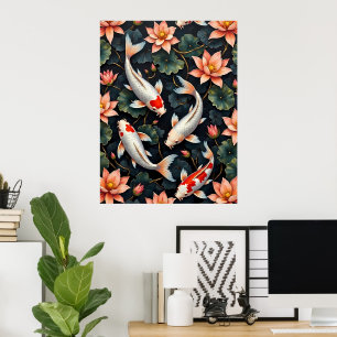 Koi Fish and Lotus Flowers Poster