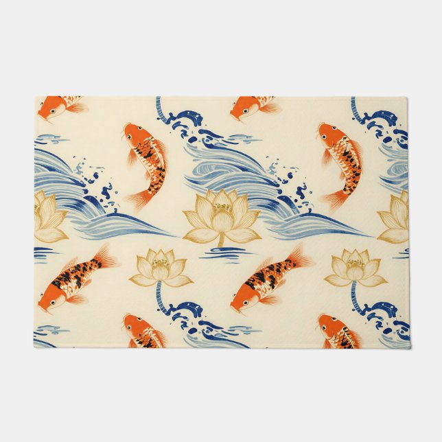 Koi Fish and Lotus Seamless Pattern Doormat (Front)