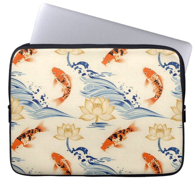 Koi Fish and Lotus Seamless Pattern Laptop Sleeve (Front)