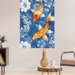 koi fish and the deep indigo blue of the floral  poster<br><div class="desc">That is a beautiful watercolor illustration. The contrast between the warm, golden-orange of the koi fish and the deep indigo blue of the floral background is striking. The delicate linework on the scales and the soft, washed-out effect of the flowers give it a very serene, artistic feel. Since this looks...</div>