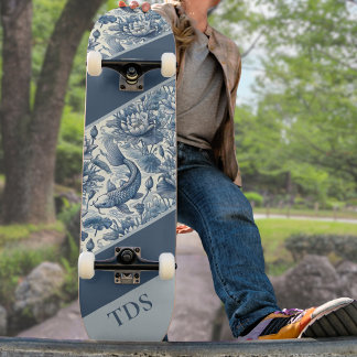 Koi Fish and Water Lily Blue Chinoiserie Monogram Skateboard