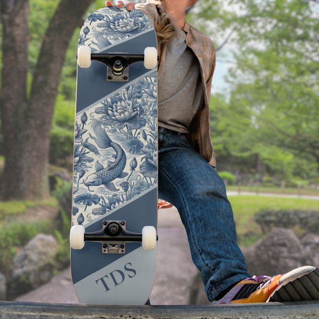 Koi Fish and Water Lily Blue Chinoiserie Monogram Skateboard (Creator Uploaded)