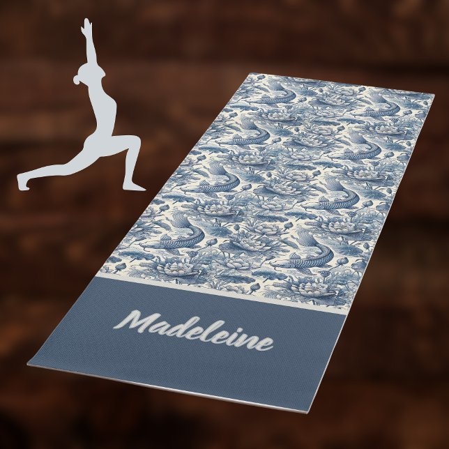 Koi Fish and Water Lily Blue Chinoiserie Monogram Yoga Mat (Creator Uploaded)
