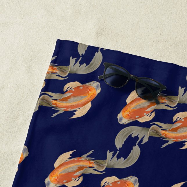 Koi Fish Dark Blue Beach Towel (In Situ)