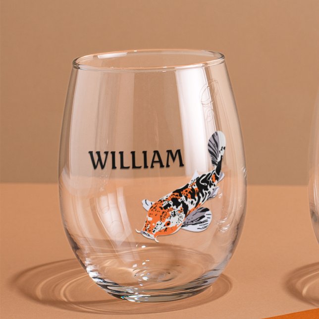 Koi Fish Illustration in Orange Personalised Stemless Wine Glass (Creator Uploaded)