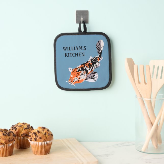 Koi Fish Illustration Orange and Blue Personalised Pot Holder (Insitu(Hanging))