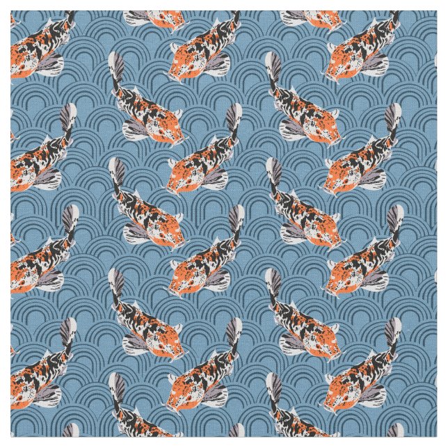 Koi Fish Illustrations on Blue Patterned Fabric (Close Up)