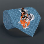 Koi Fish Illustrations on Blue Wave Background Tie<br><div class="desc">This necktie features realistic style illustrations of koi fish in black,  orange and white set against a blue geometric background that has the look of ocean waves.</div>