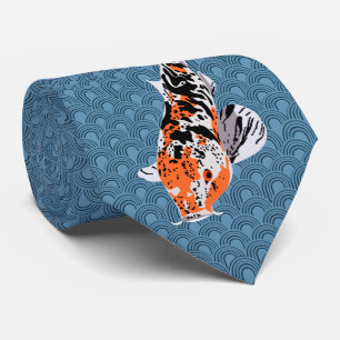 Koi Fish Illustrations on Blue Wave Background Tie