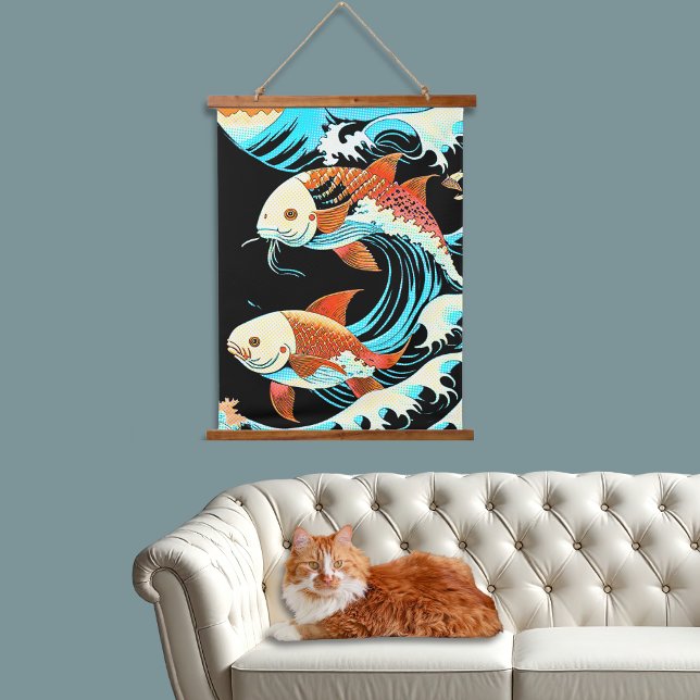 Koi Fish in a Great Wave Comic Book Style  Hanging Tapestry (Creator Uploaded)