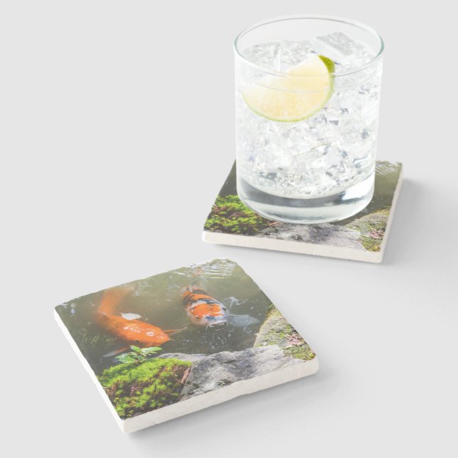 Koi fish in a pond stone coaster (Side)