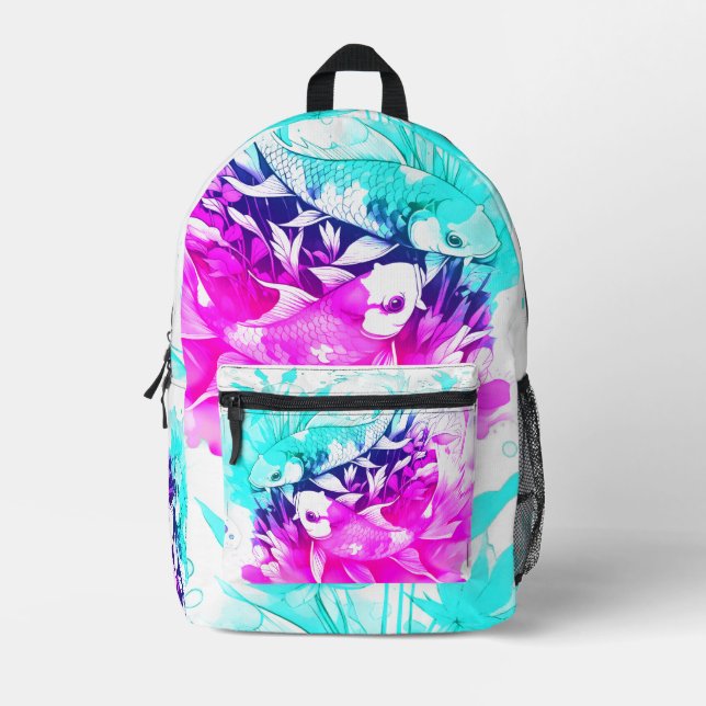 Koi Fish in Pink and Blue Printed Backpack (Front)