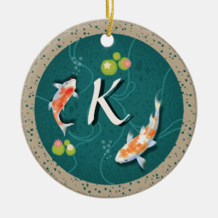 Koi fish in pond 3d realistic personalised initial ceramic tree decoration