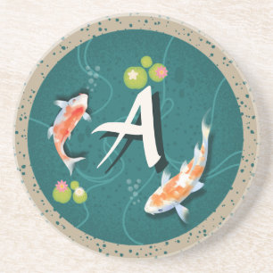 Koi fish in pond 3d realistic personalised initial coaster