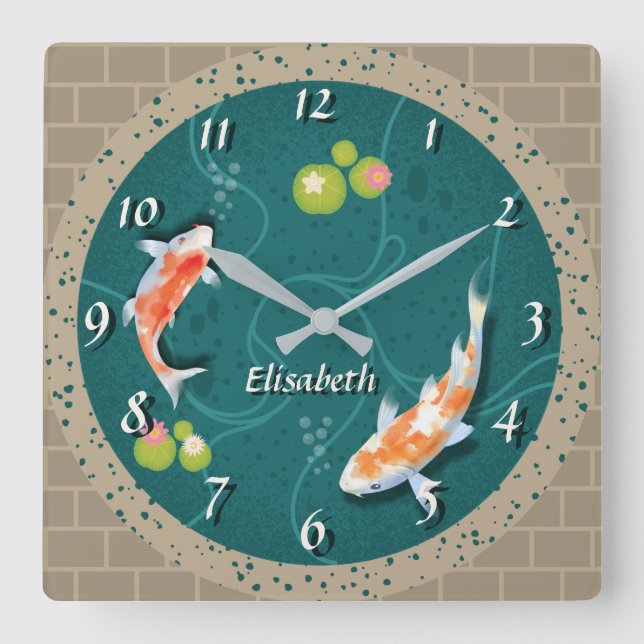 Koi fish in pond 3d realistic personalised initial square wall clock (Front)