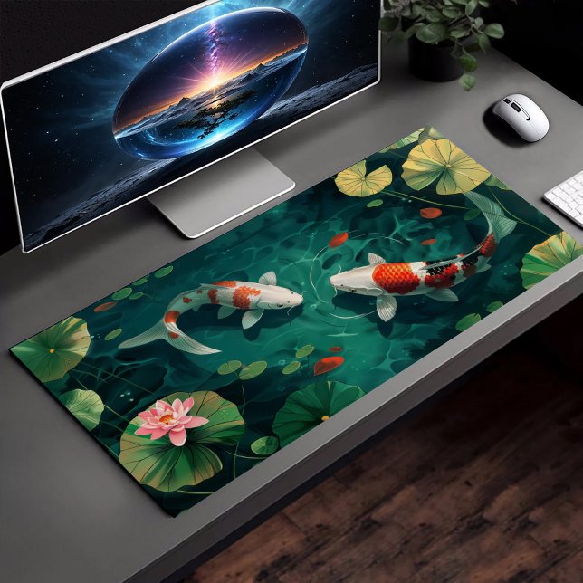 Koi Fish In Water Red Lotus Illustration Art Desk Mat (Creator Uploaded)