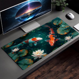 Koi Fish In Water White Lotus Illustration Art Desk Mat