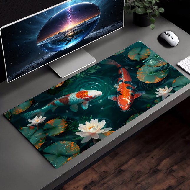 Koi Fish In Water White Lotus Illustration Art Desk Mat (Creator Uploaded)