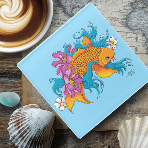 Koi Fish Lotus Cherry Blossoms Glass Coaster