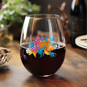 Koi Fish Lotus Cherry Blossoms Stemless Wine Glass