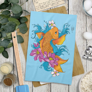 Koi Fish Lotus Cherry Blossoms Tea Towel