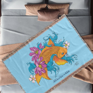 Koi Fish Lotus Cherry Blossoms Throw Blanket
