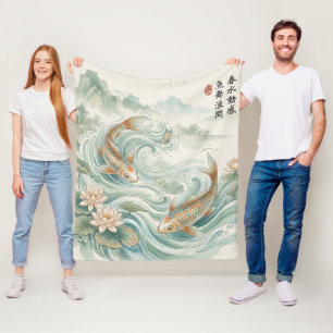 Koi Fish Lotus Ink Wash Art Fleece Blanket