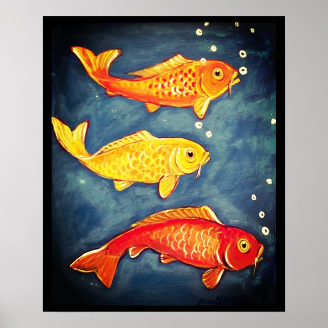Koi Fish Orange Yellow Blue Goldfish Art Poster (Front)
