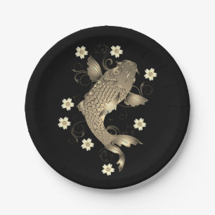 Koi fish oriental black and gold floral elegant  paper plate