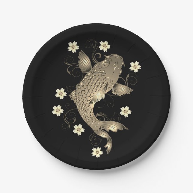 Koi fish oriental black and gold floral elegant  paper plate (Front)