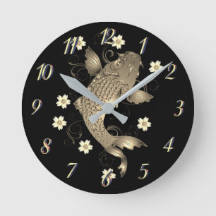 Koi fish oriental black and gold floral elegant  round clock