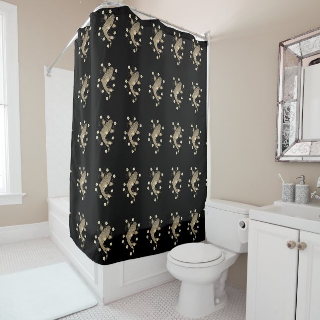 Koi fish oriental black and gold floral elegant  shower curtain (In Situ)