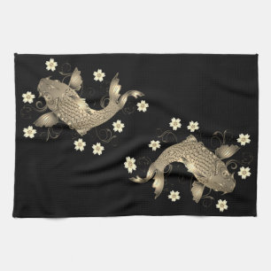 Koi fish oriental black and gold floral elegant  tea towel