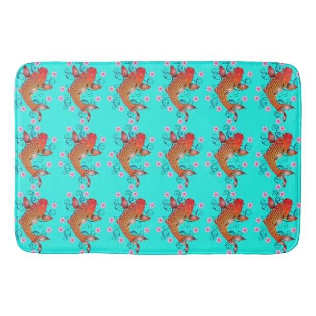 Koi fish oriental floral orange turquoise elegant  bath mat (Front)