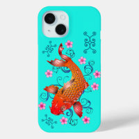 Koi fish oriental orange turquoise floral elegant 