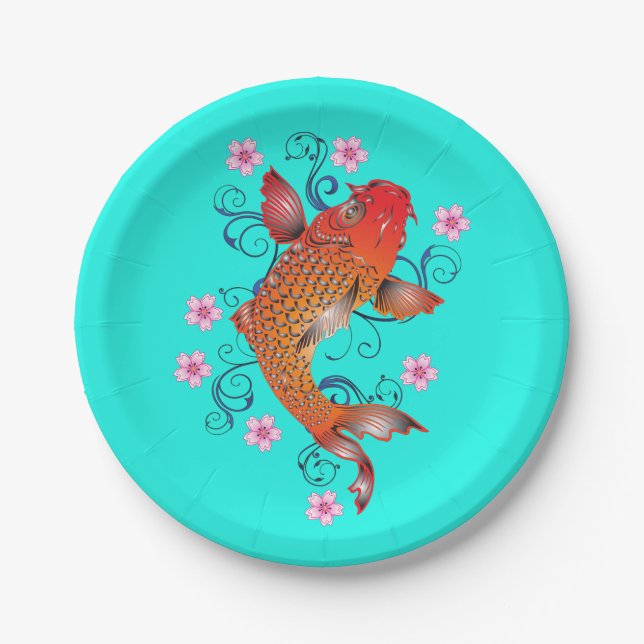 Koi fish oriental orange turquoise floral elegant  paper plate (Front)