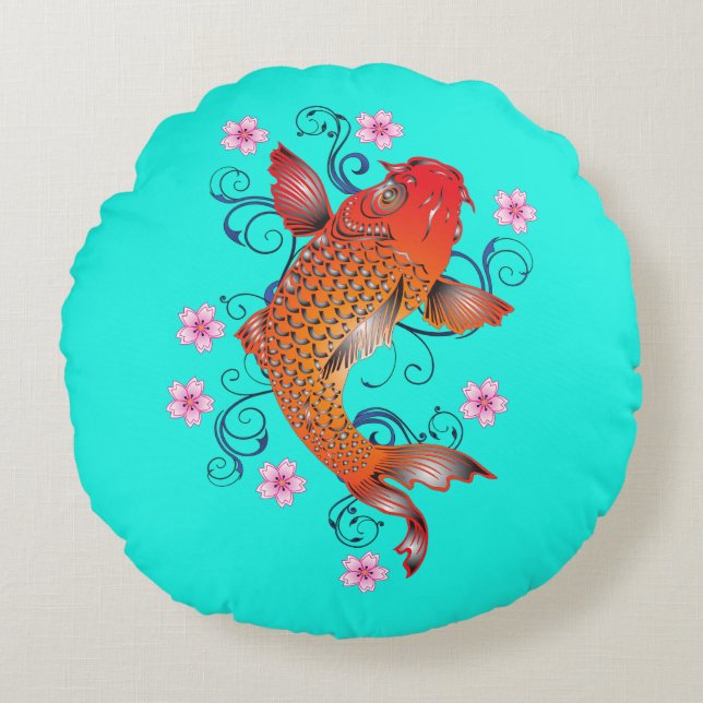 Koi fish oriental orange turquoise floral elegant  round cushion (Front)