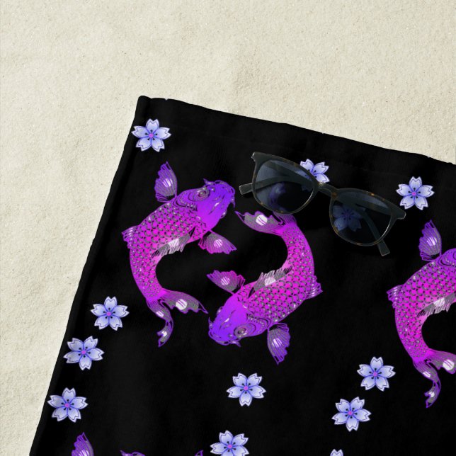 Koi fish oriental yin yang black purple floral beach towel (In Situ)