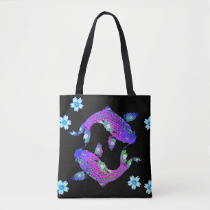 Koi fish oriental yin yang black purple floral tote bag