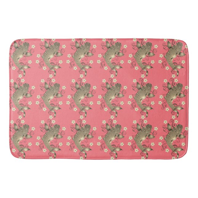 Koi fish peach and gold oriental floral elegant  bath mat (Front)