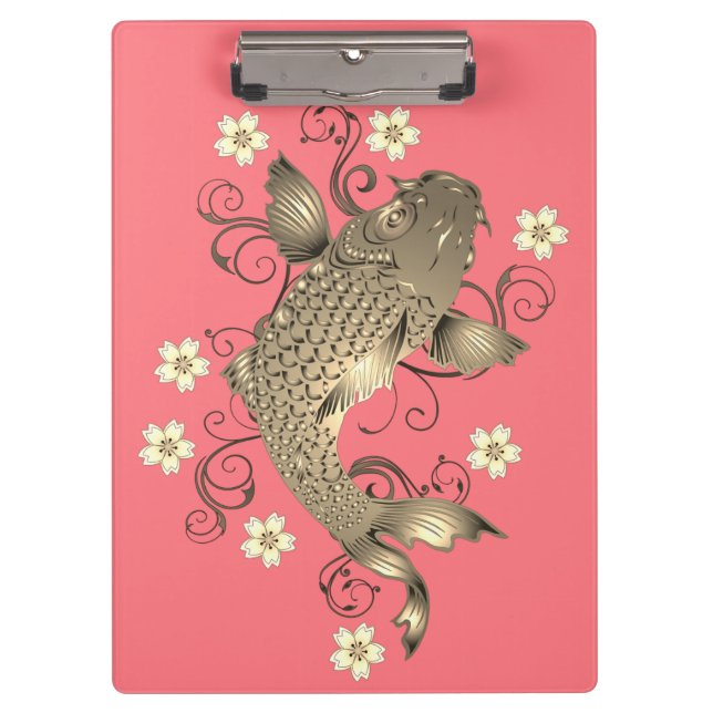 Koi fish peach and gold oriental floral elegant  clipboard (Front)