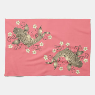 Koi fish peach and gold oriental floral elegant  tea towel