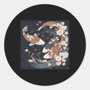 Koi Fish Petals Cherry Blossom Watercolor Japanese Classic Round Sticker