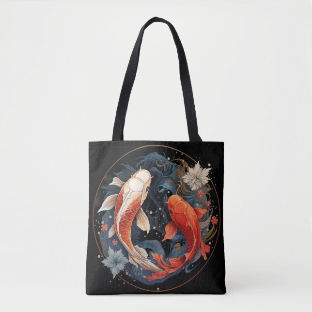 Koi Fish Red White Ying Yang Japanese Water Flow Tote Bag (Front)