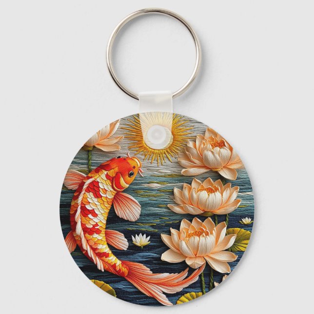 Koi Fish Surrounded by Lotus Flowers Key Ring (Front)
