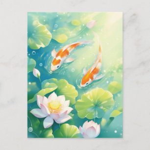 Koi Fish Swimming in Pink Lotus Flower Pond Postcard