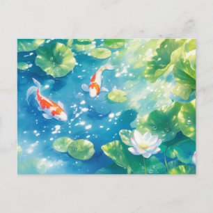 Koi Fish Swimming in Shimmering Blue Lotus Pond Postcard